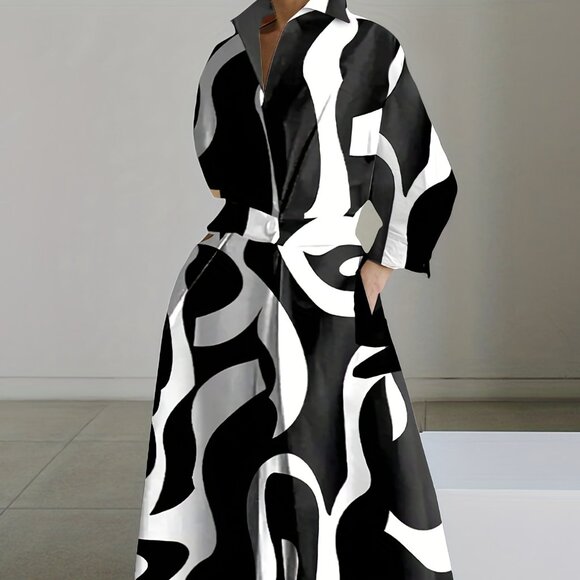 Plus Size Elegant Dress, Abstract Collar Slight Stretch Maxi Dress With Pockets - Picture 2 of 6